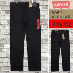 NWT LEVIS 505 Regular Stretch Men's Sz 34 x 32 Straight Leg Black Jeans